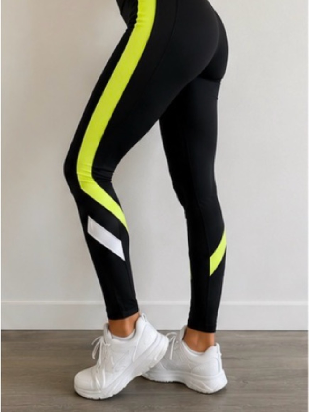 PINK Victoria's Secret Black Leggings with Neon Yellow & White Stripes